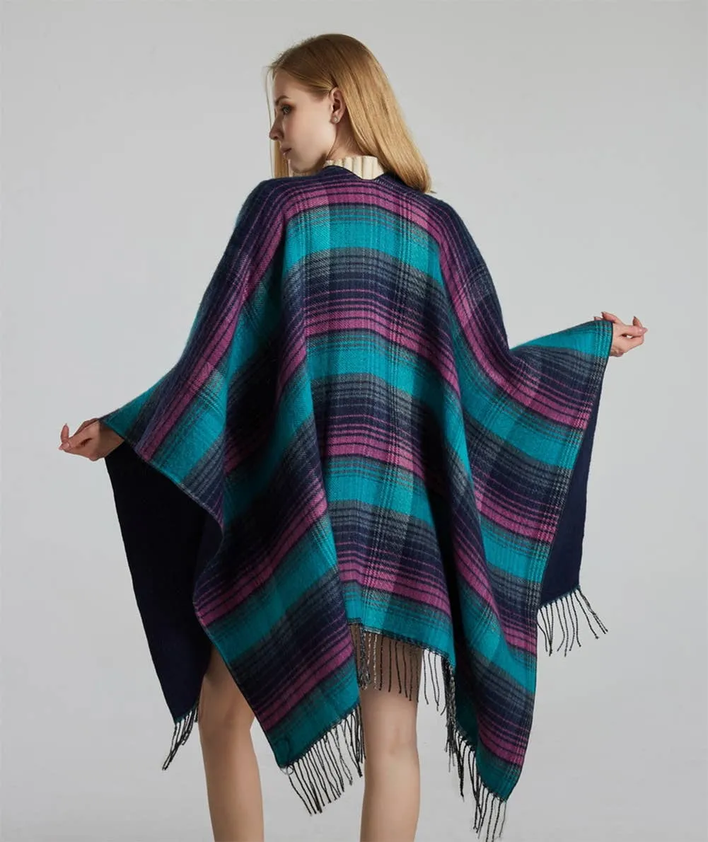 Plaid Knit Reversible Open Front Poncho Wrap with Fringe: Blue