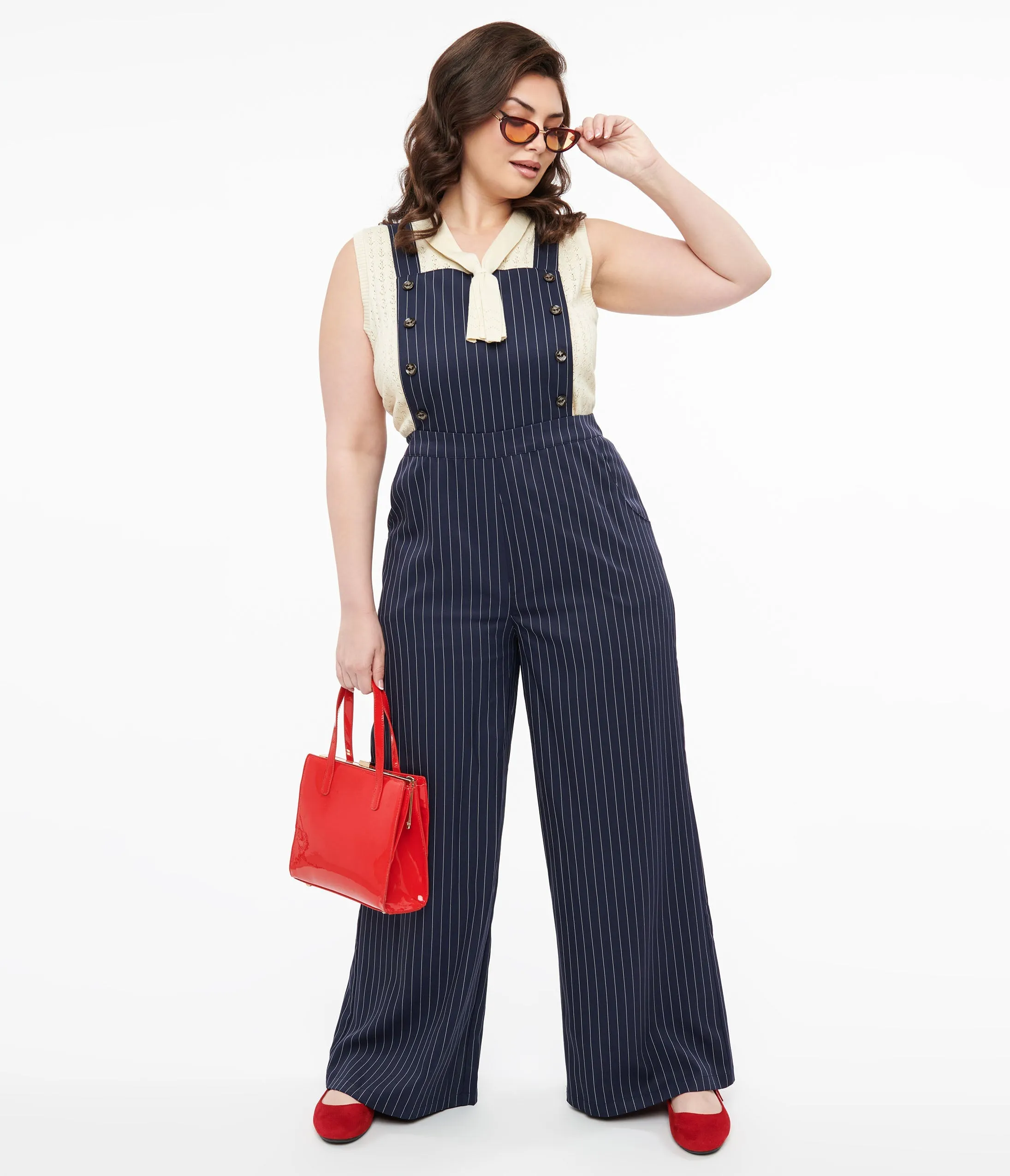 Plus Size 1940s Navy & White Pinstripe Wide Leg Overalls