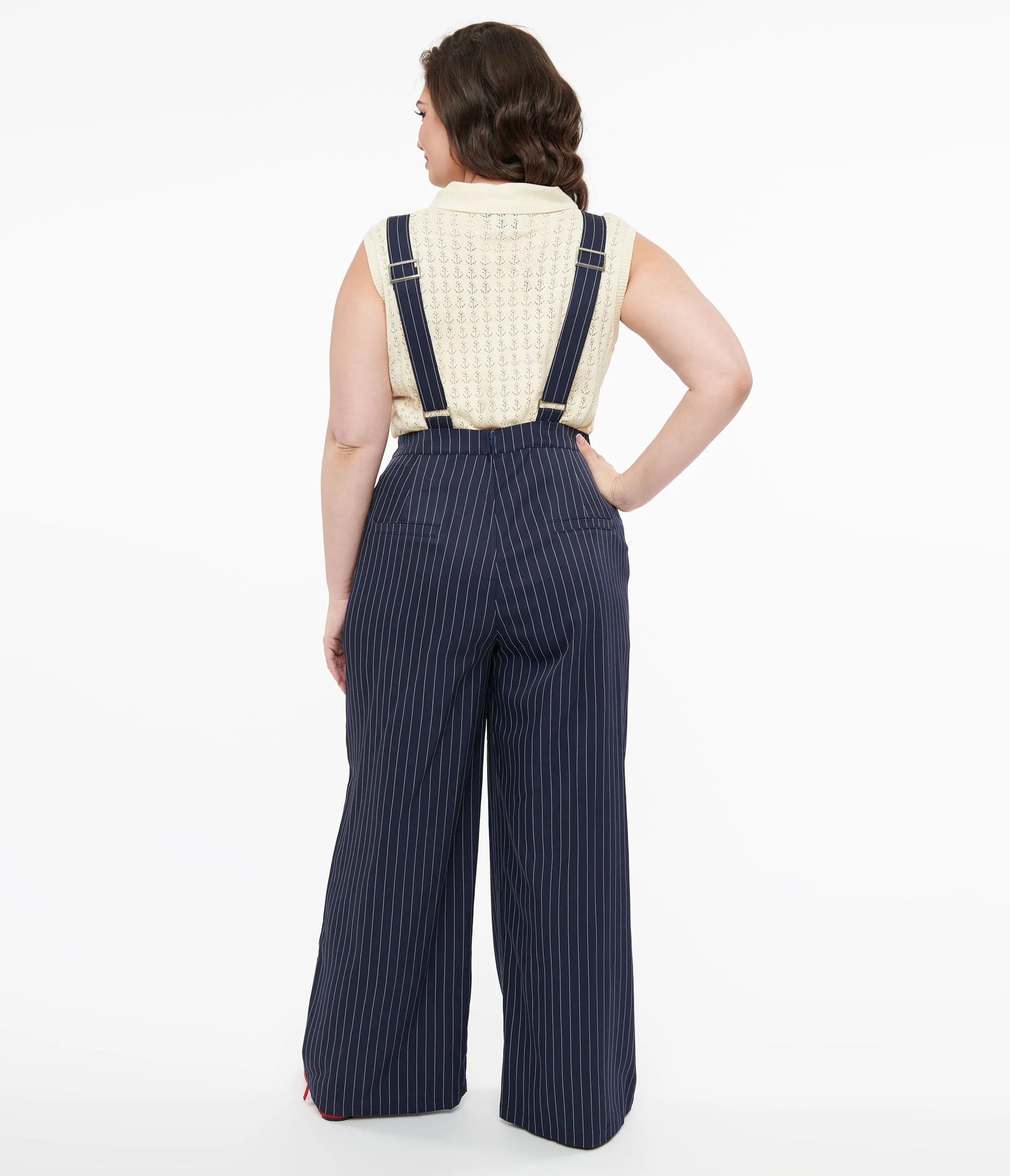 Plus Size 1940s Navy & White Pinstripe Wide Leg Overalls