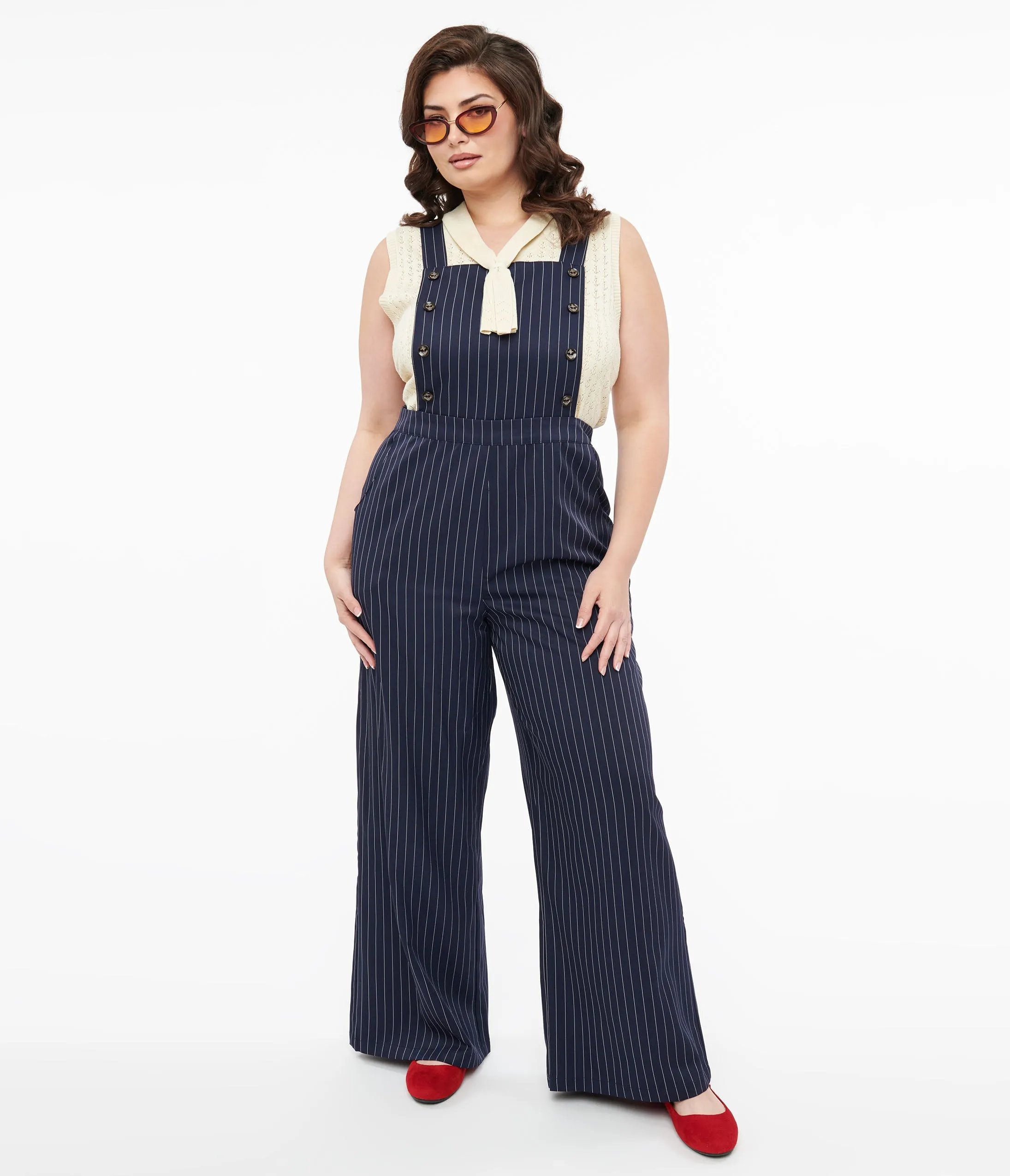 Plus Size 1940s Navy & White Pinstripe Wide Leg Overalls