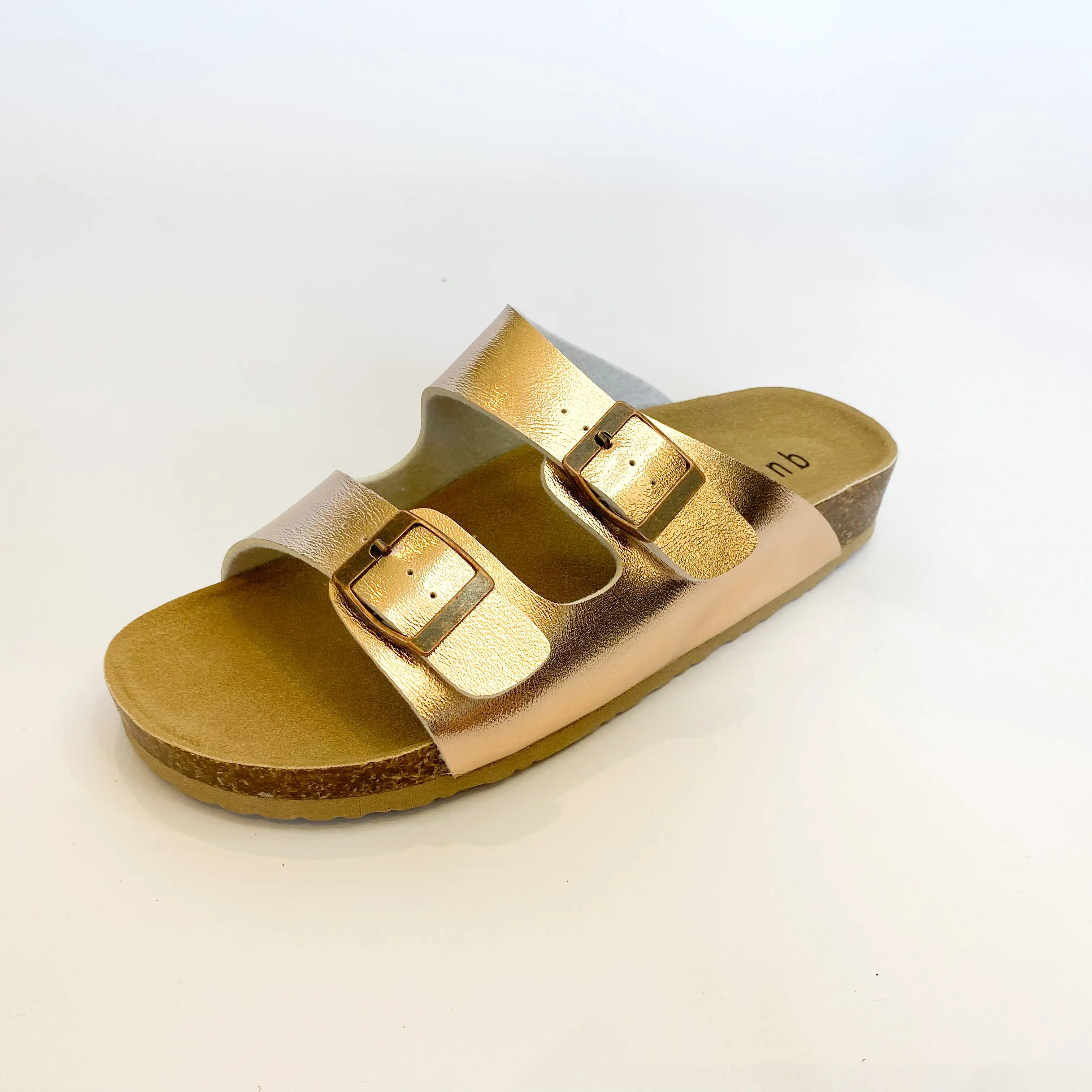 Queue rose gold double buckle slip on sandal