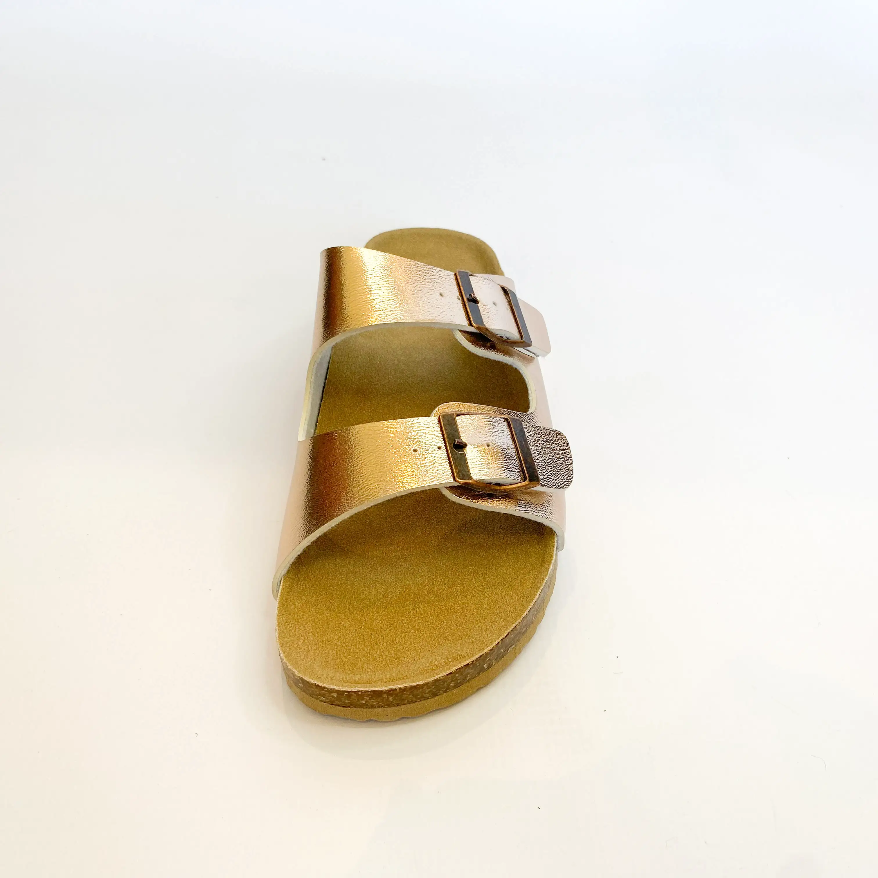 Queue rose gold double buckle slip on sandal