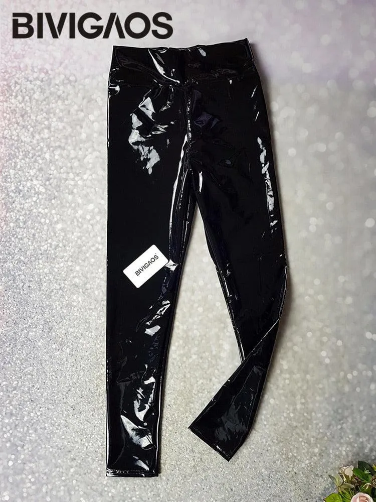 Reflective Shiny Mirror Leather Leggings - Slim Sexy Fit with High-Waist Stretch and PU Leather