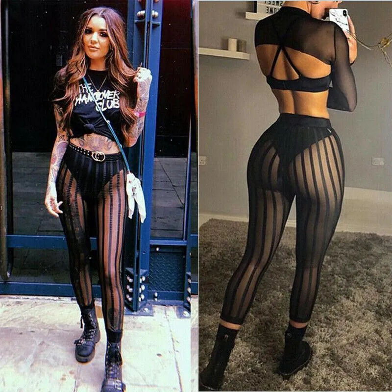 Sexy Ladies Mesh Sheer Striped Leggings - High-Waist and See-Through Design