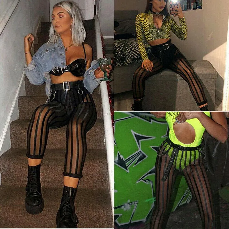 Sexy Ladies Mesh Sheer Striped Leggings - High-Waist and See-Through Design