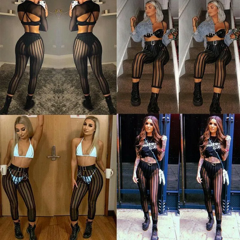 Sexy Ladies Mesh Sheer Striped Leggings - High-Waist and See-Through Design