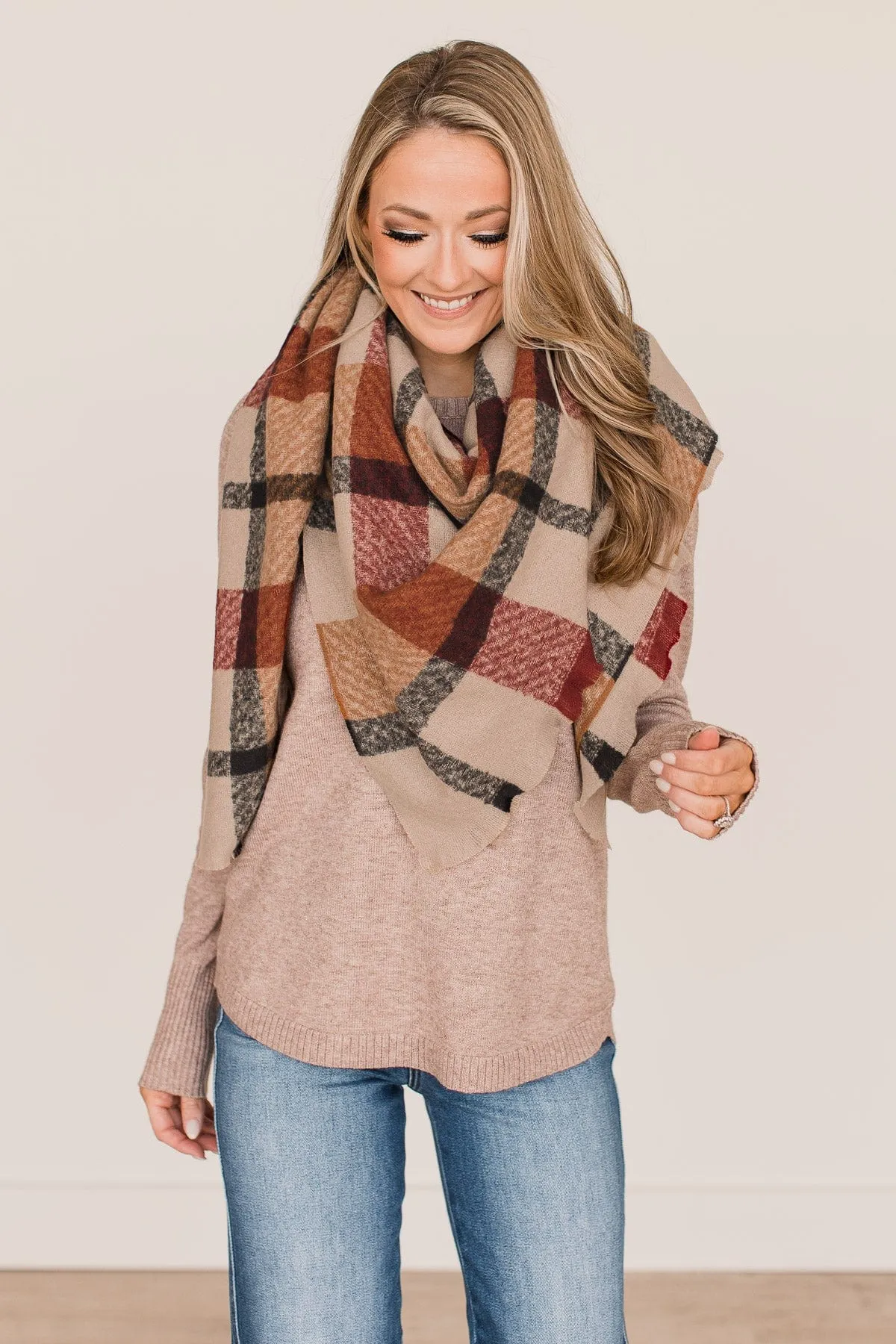 Sipping Cider Plaid Blanket Scarf- Taupe & Burgundy