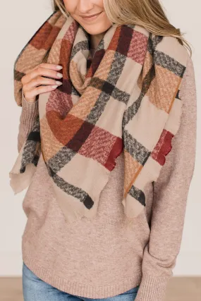 Sipping Cider Plaid Blanket Scarf- Taupe & Burgundy