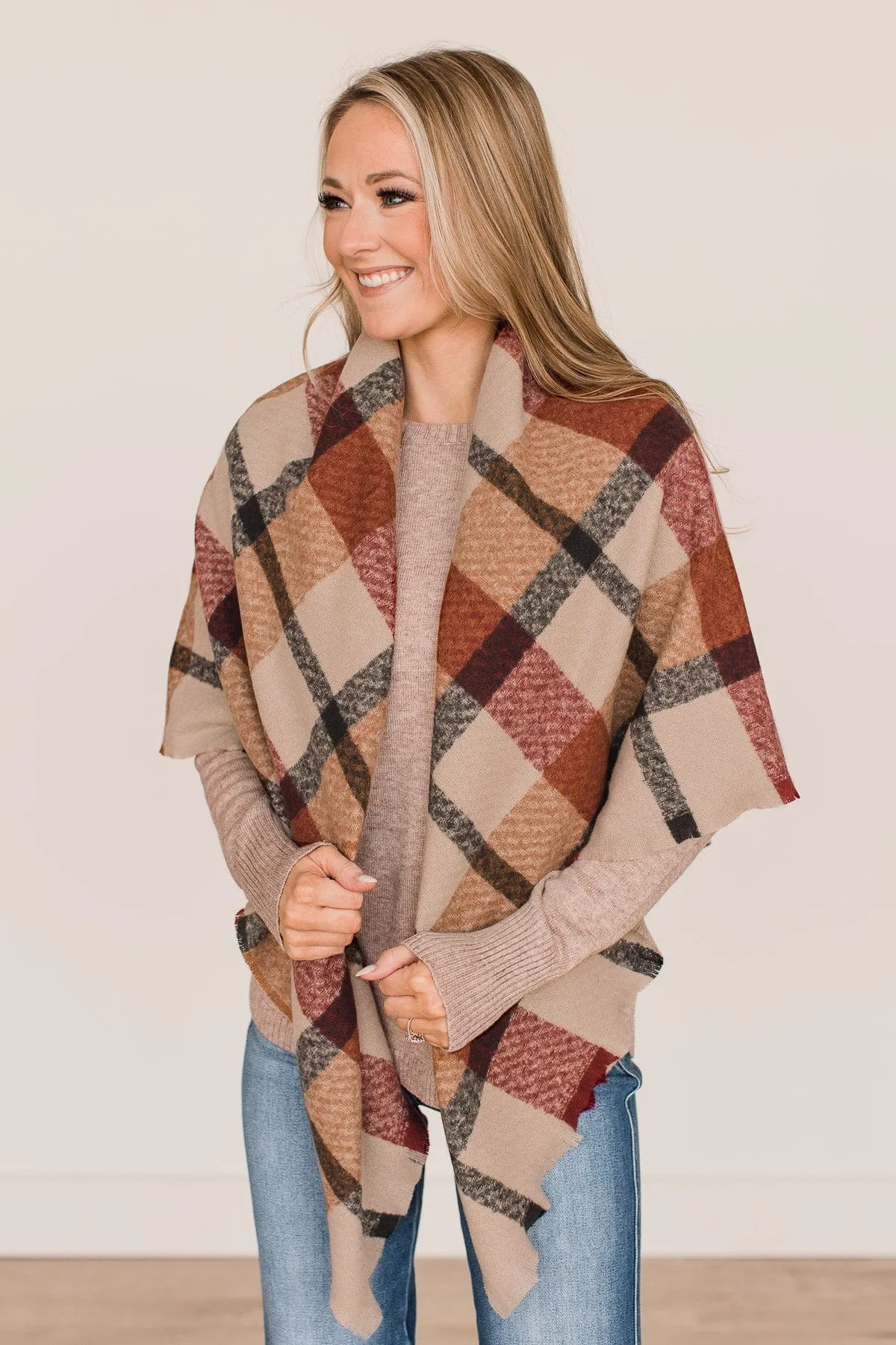 Sipping Cider Plaid Blanket Scarf- Taupe & Burgundy