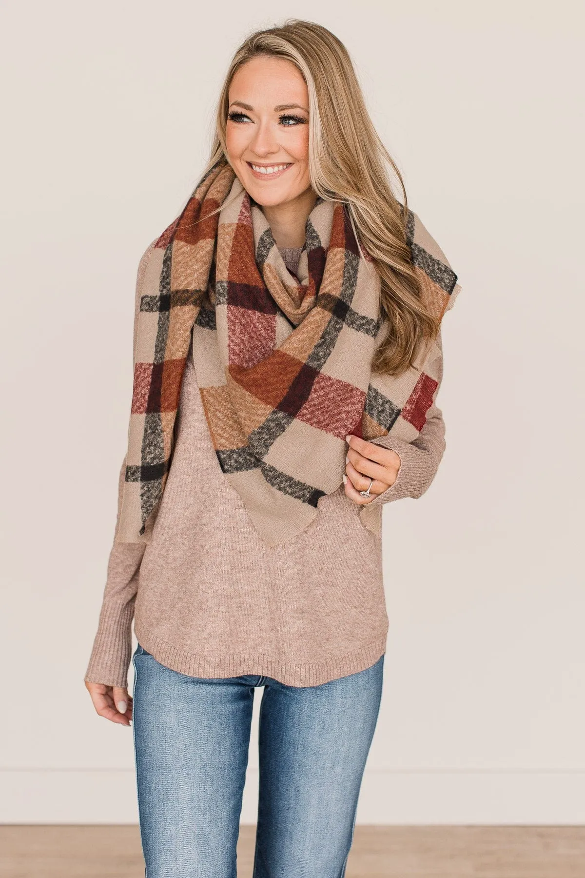 Sipping Cider Plaid Blanket Scarf- Taupe & Burgundy