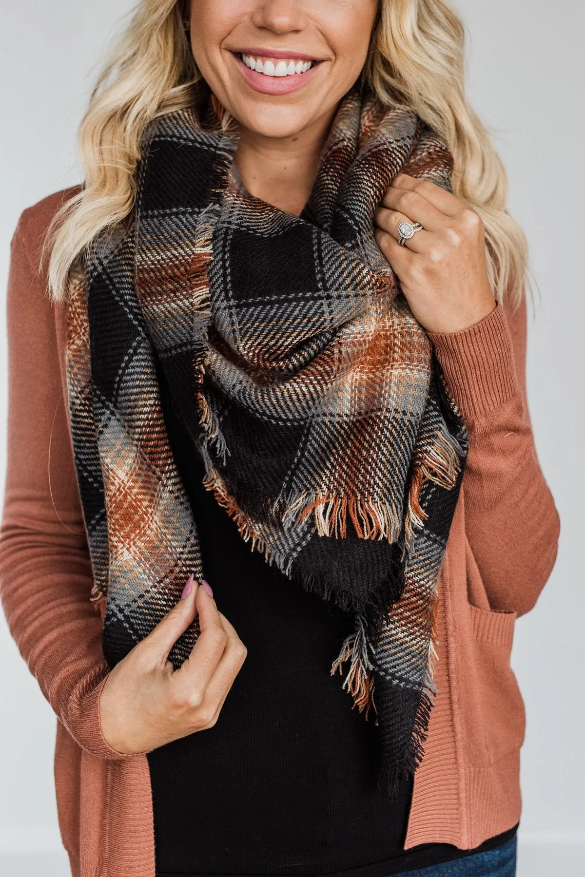 Snuggle Me Up Plaid Blanket Scarf- Black