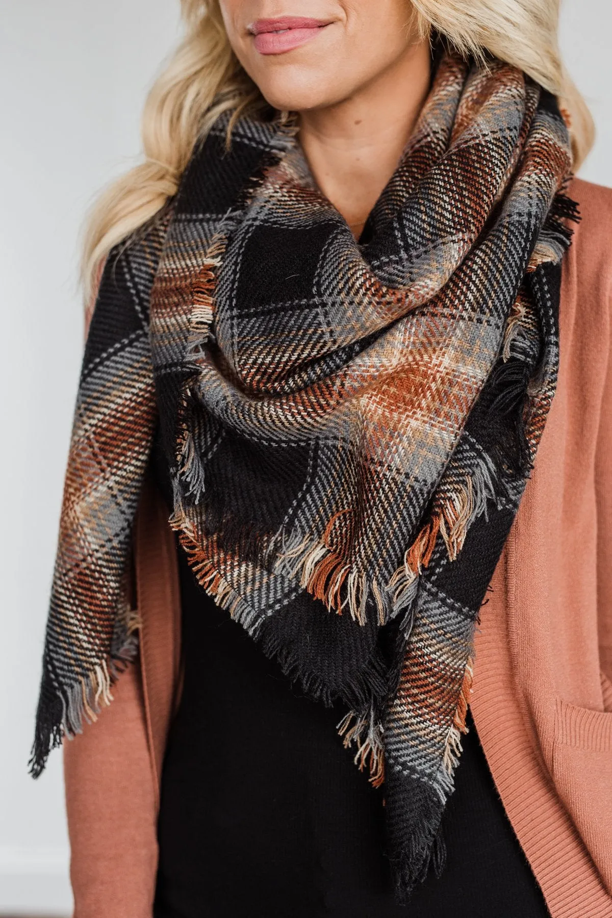 Snuggle Me Up Plaid Blanket Scarf- Black