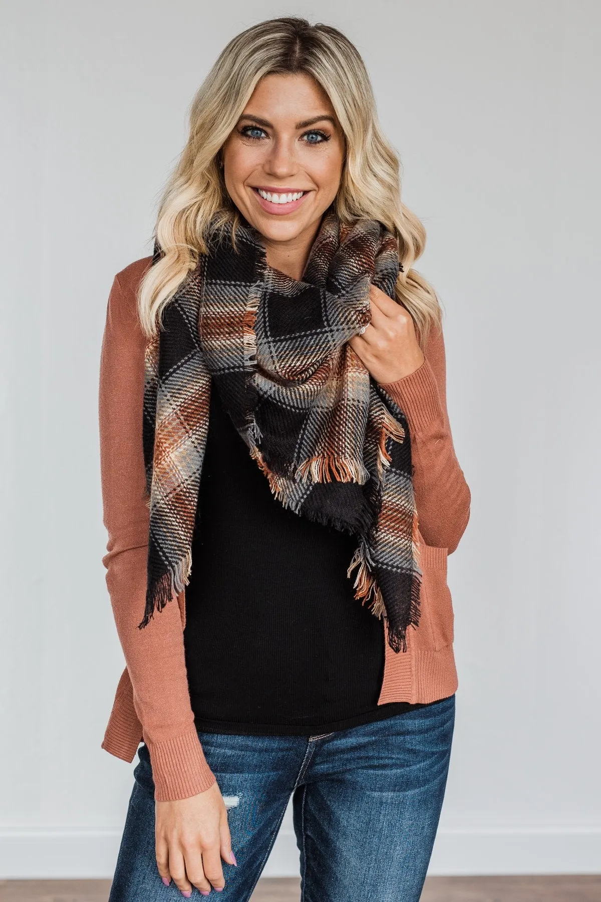 Snuggle Me Up Plaid Blanket Scarf- Black