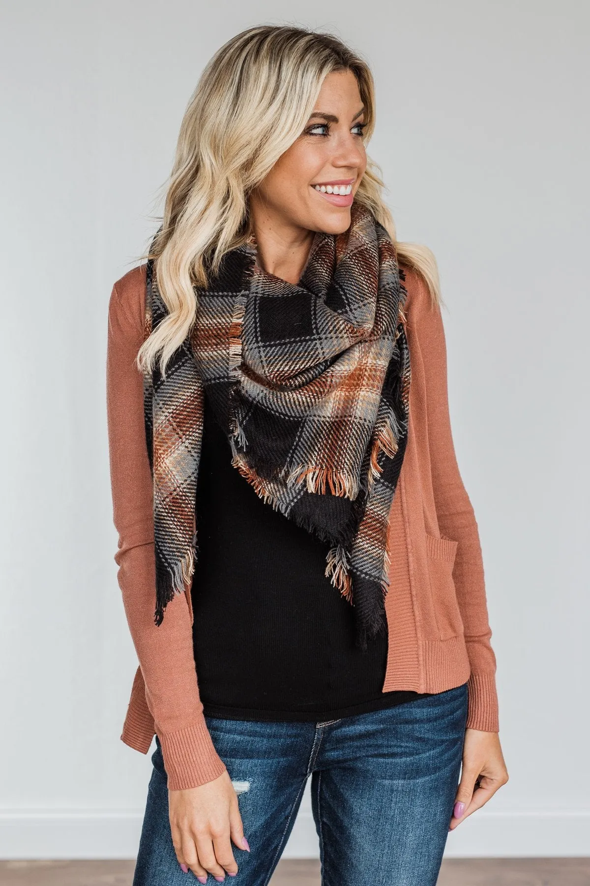 Snuggle Me Up Plaid Blanket Scarf- Black