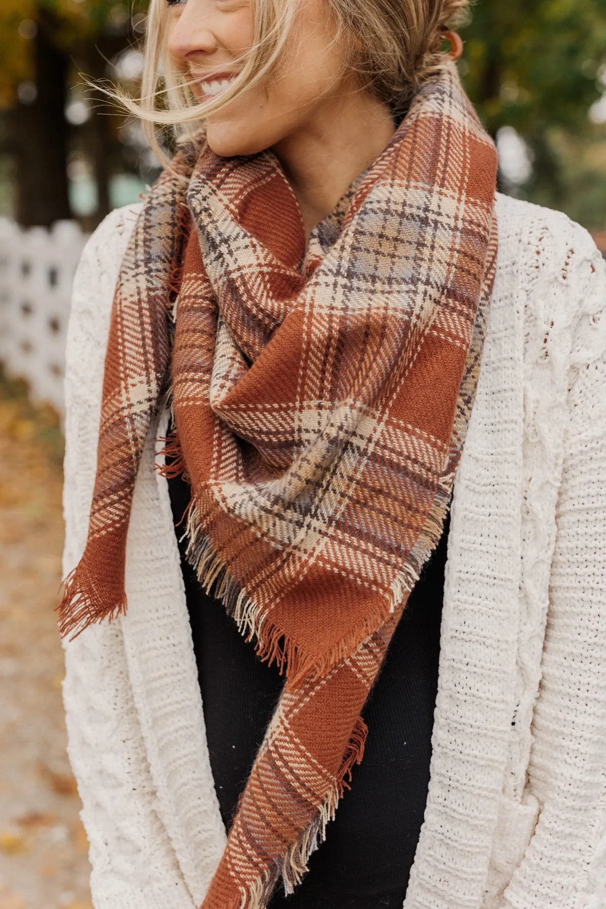 Snuggle Me Up Plaid Blanket Scarf- Brown