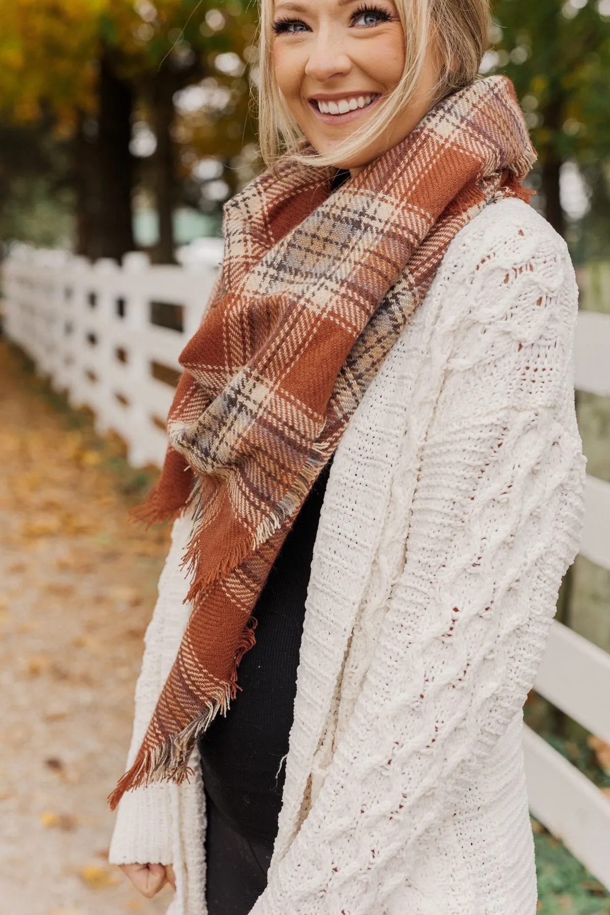 Snuggle Me Up Plaid Blanket Scarf- Brown