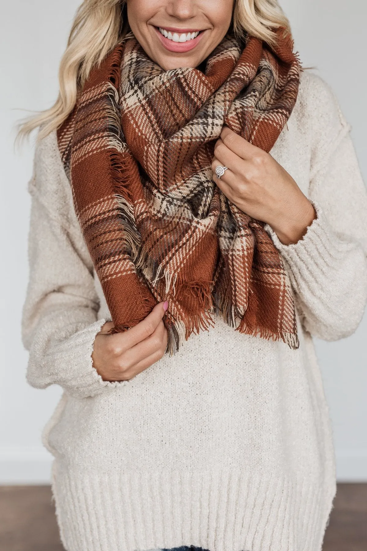 Snuggle Me Up Plaid Blanket Scarf- Brown