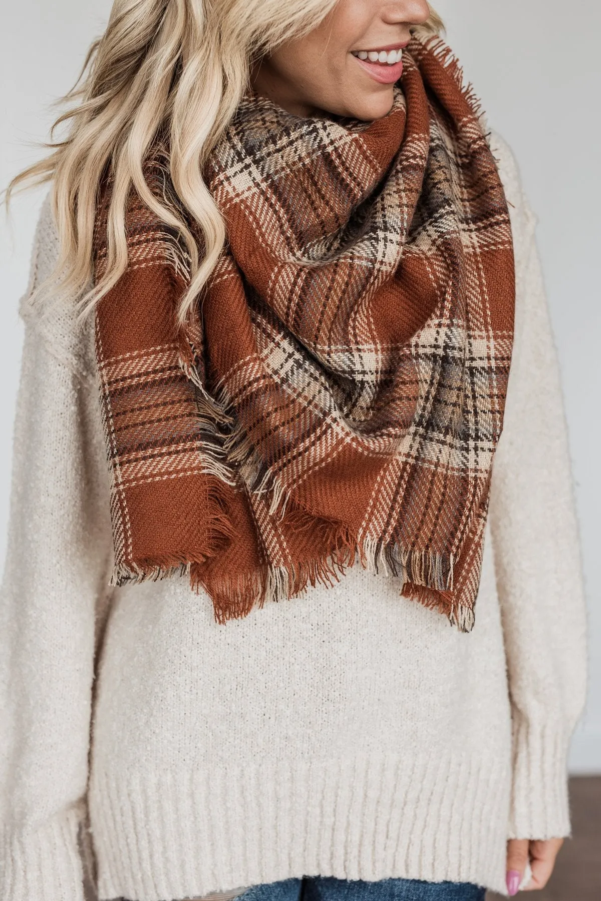 Snuggle Me Up Plaid Blanket Scarf- Brown