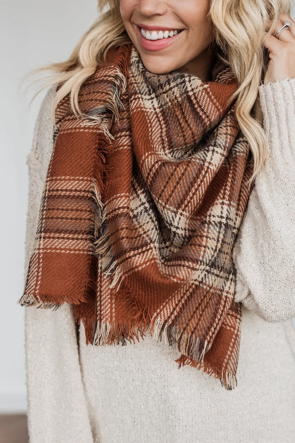 Snuggle Me Up Plaid Blanket Scarf- Brown