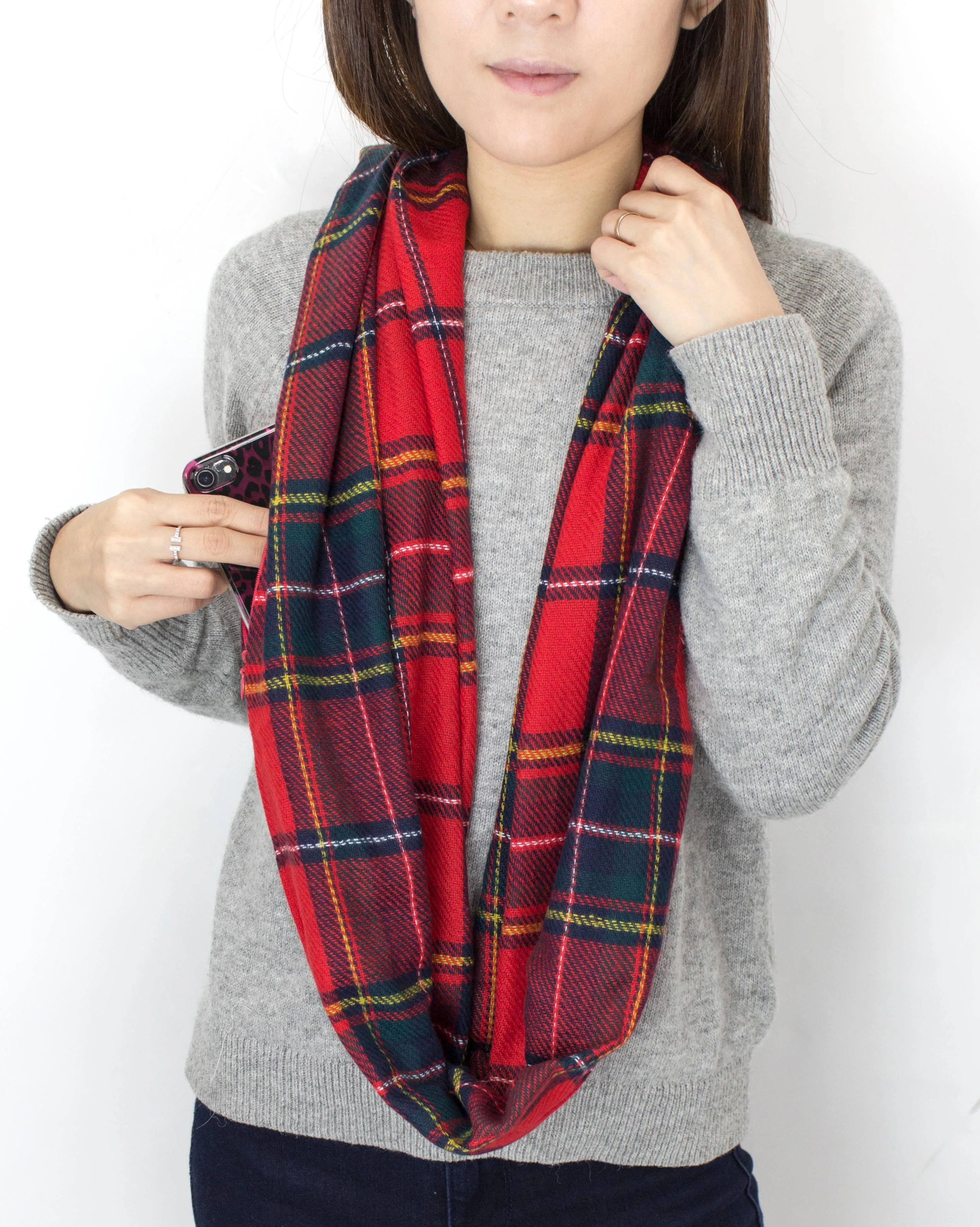 Stylish Plaid Infinity Scarf with Hidden Zipper: Muted Green & Red