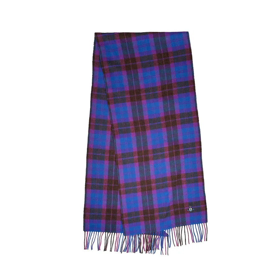 VIVIENNE WESTWOOD EMBROIDERED ORB BLUE/PURPLE PLAID SCARF - CASHMERE