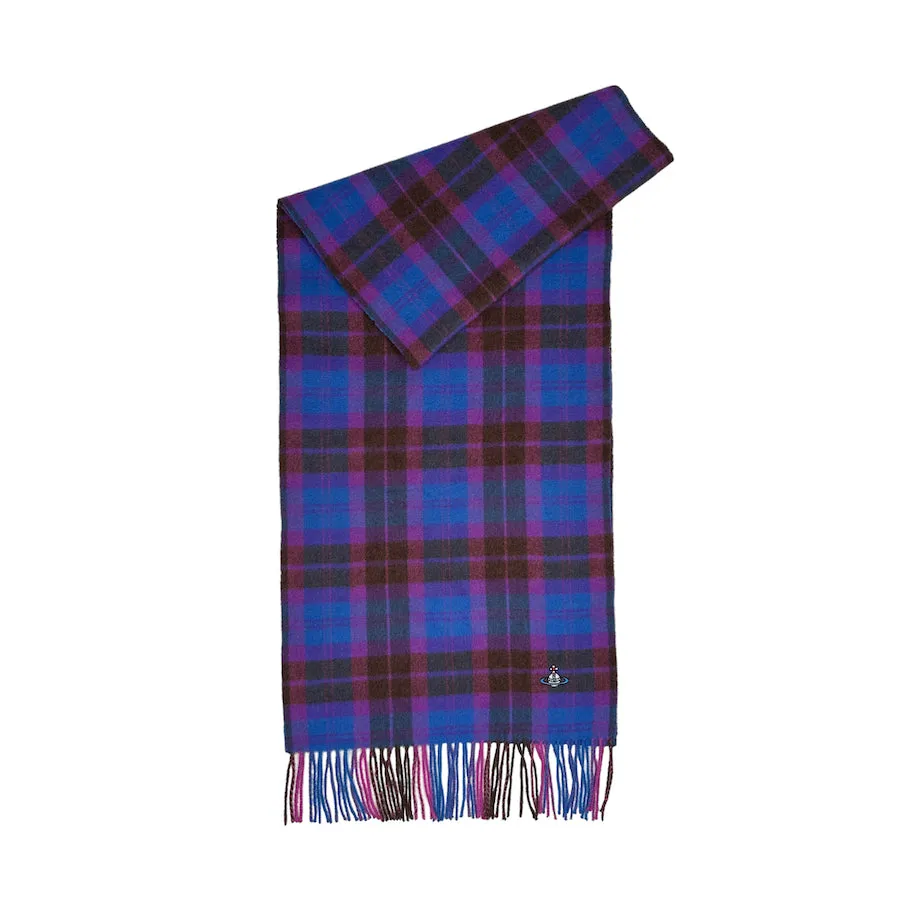 VIVIENNE WESTWOOD EMBROIDERED ORB BLUE/PURPLE PLAID SCARF - CASHMERE