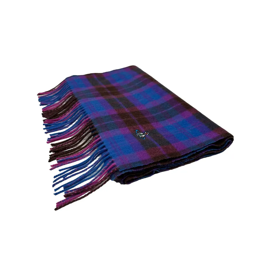 VIVIENNE WESTWOOD EMBROIDERED ORB BLUE/PURPLE PLAID SCARF - CASHMERE