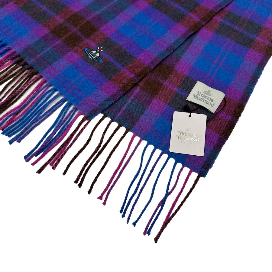 VIVIENNE WESTWOOD EMBROIDERED ORB BLUE/PURPLE PLAID SCARF - CASHMERE