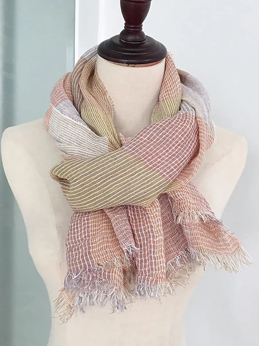 Women Artsy Summer Plaid Tassel Thin Scarf KL1046