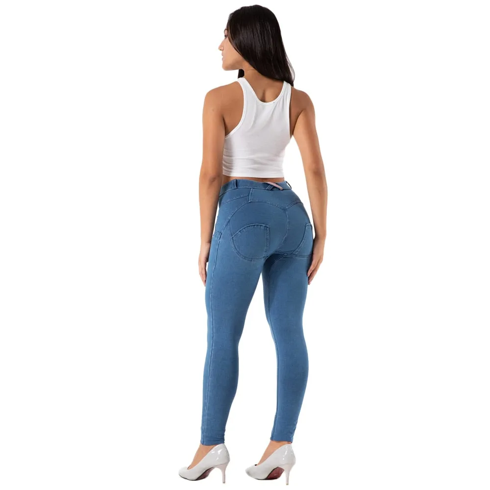 Women Denim Blue Stretch Pencil Skinny Booty Lift Yoga Gym Leggings