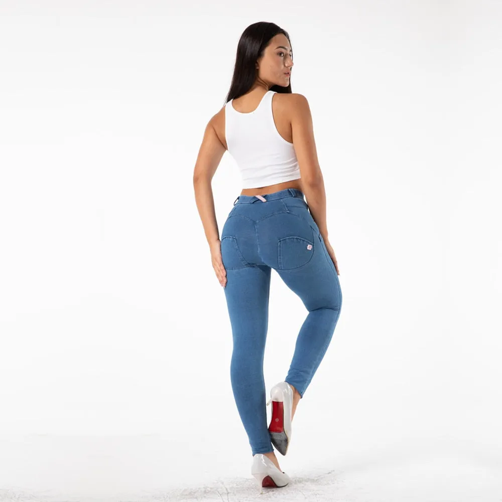 Women Denim Blue Stretch Pencil Skinny Booty Lift Yoga Gym Leggings