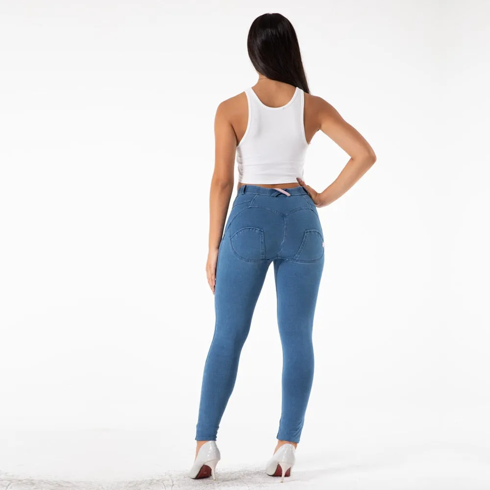 Women Denim Blue Stretch Pencil Skinny Booty Lift Yoga Gym Leggings