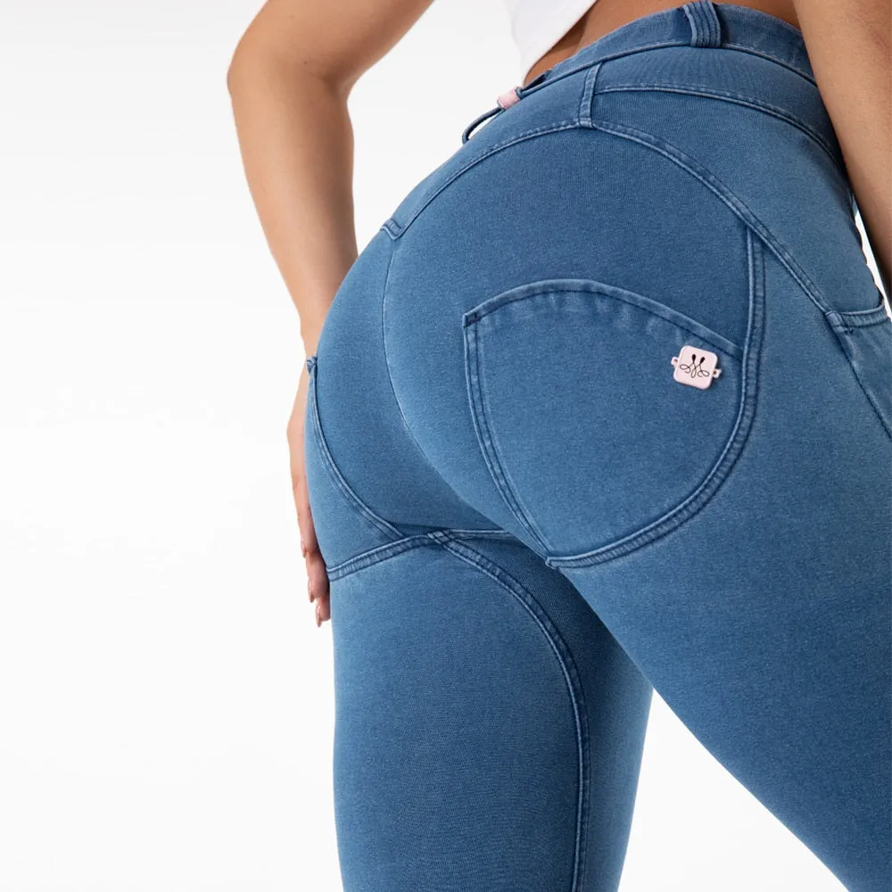 Women Denim Blue Stretch Pencil Skinny Booty Lift Yoga Gym Leggings