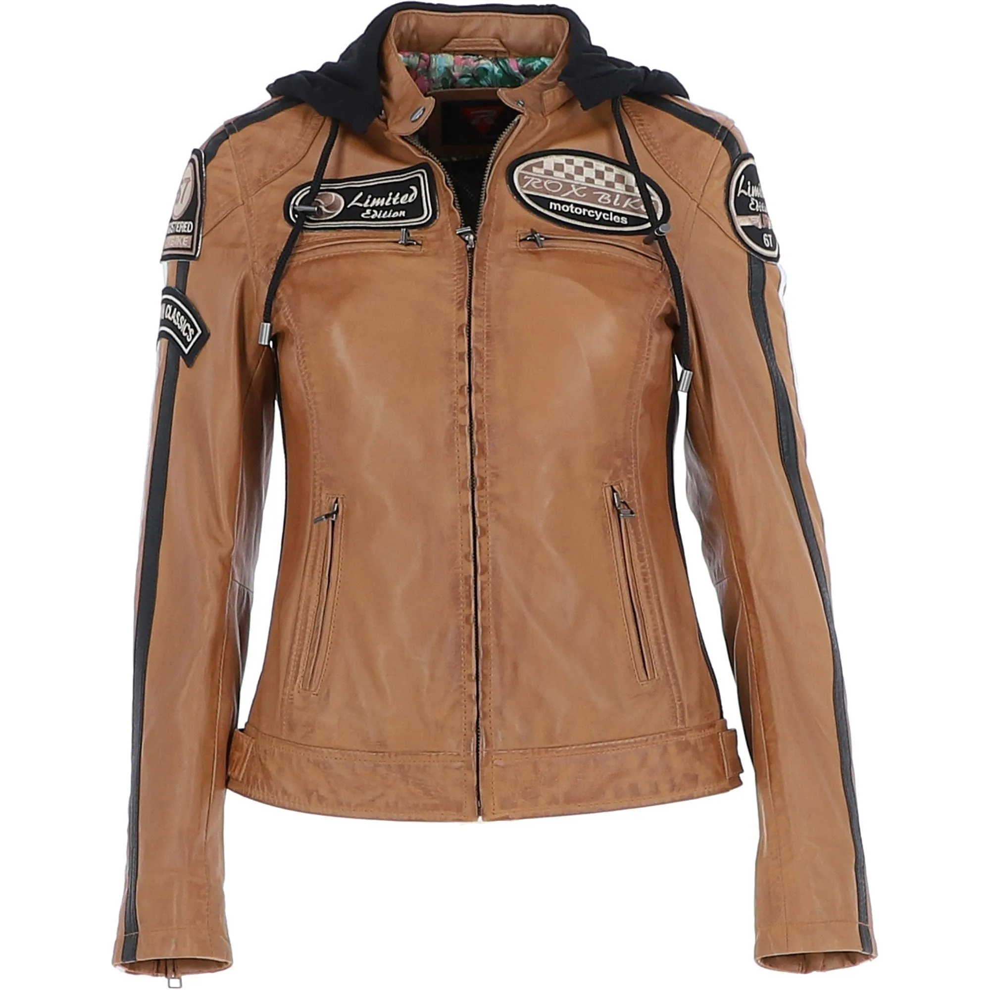 Women's Detachable Hood Leather Biker Jacket Cognac: L-Nirma