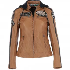 Women's Detachable Hood Leather Biker Jacket Cognac: L-Nirma