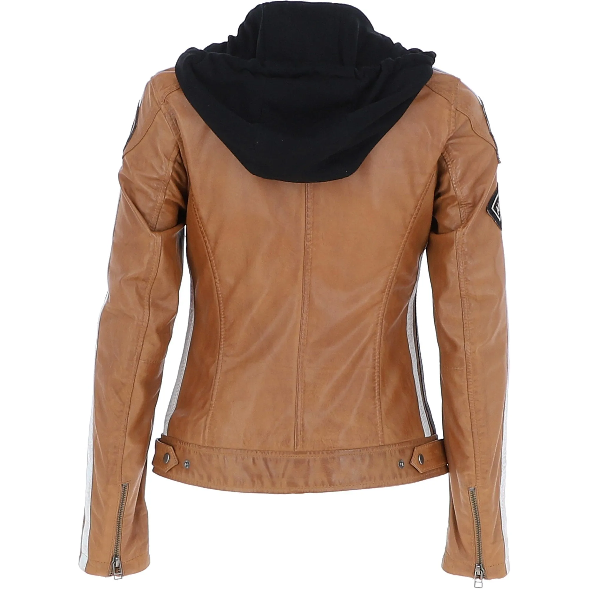 Women's Detachable Hood Leather Biker Jacket Cognac: L-Nirma