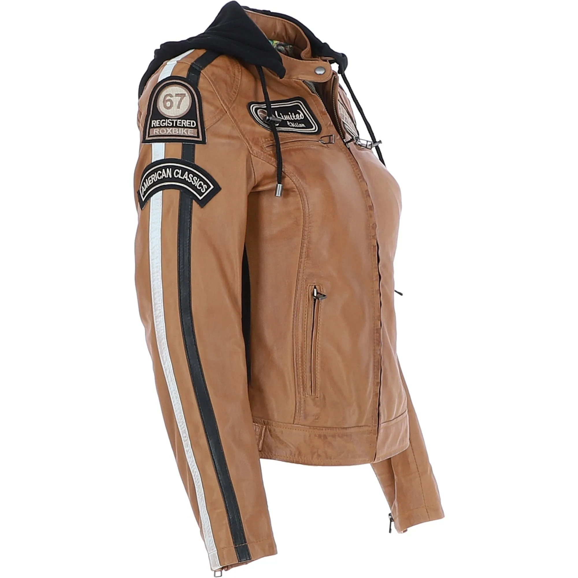 Women's Detachable Hood Leather Biker Jacket Cognac: L-Nirma