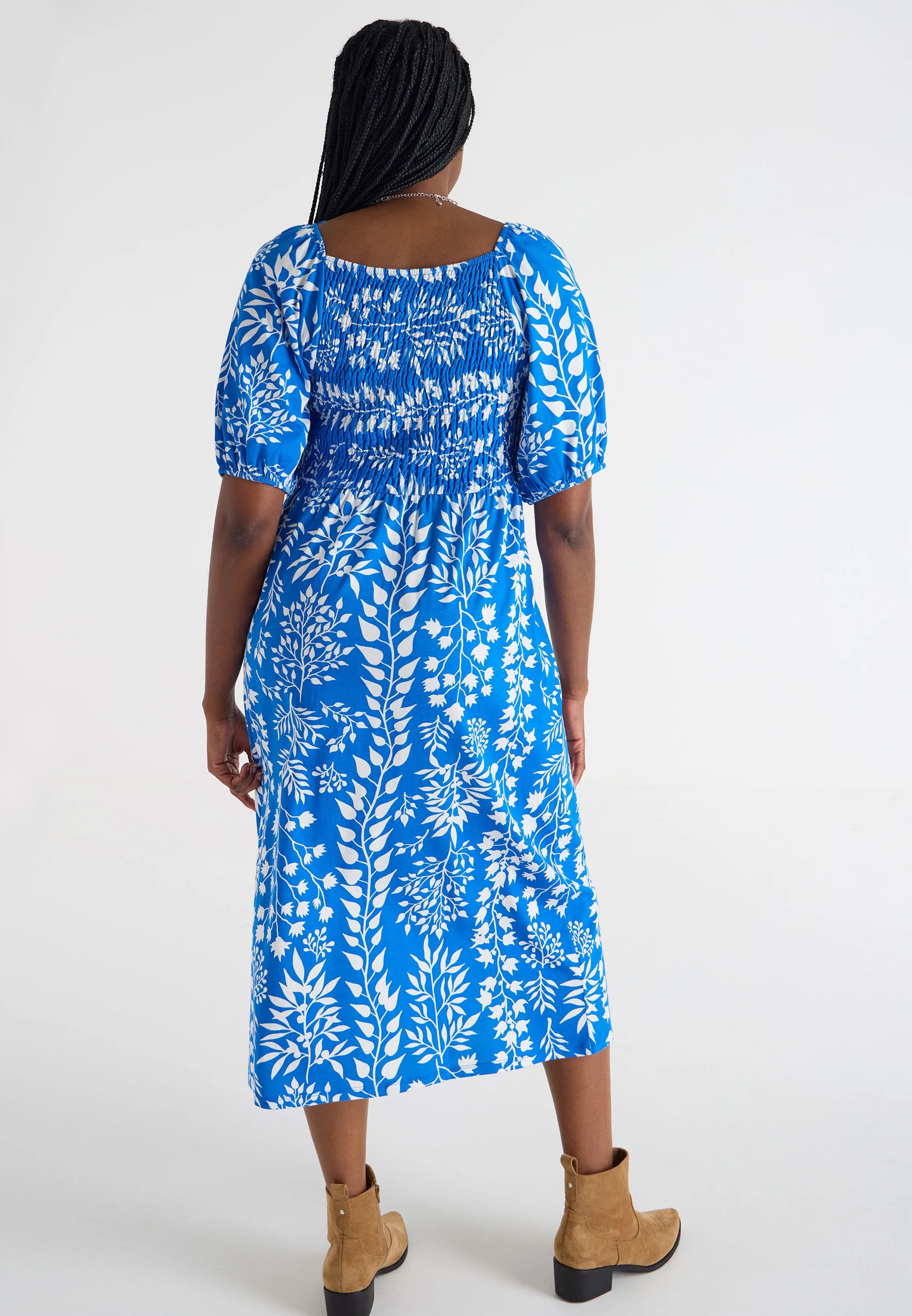 Womens Blue and White Leaf Print Dress