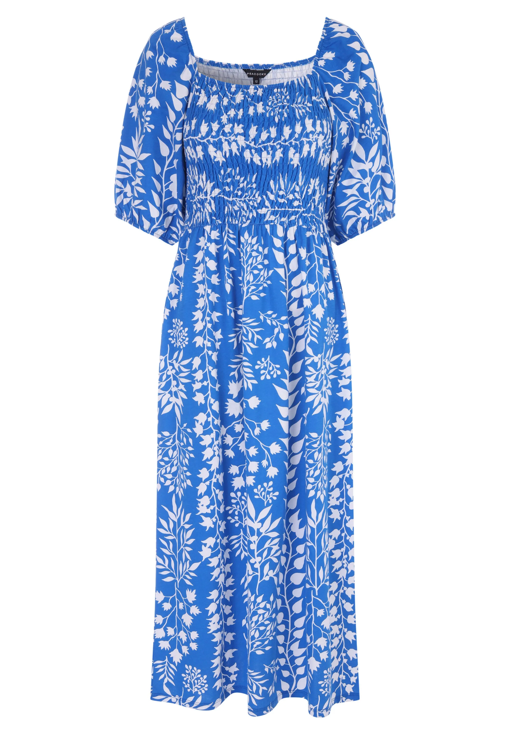 Womens Blue and White Leaf Print Dress