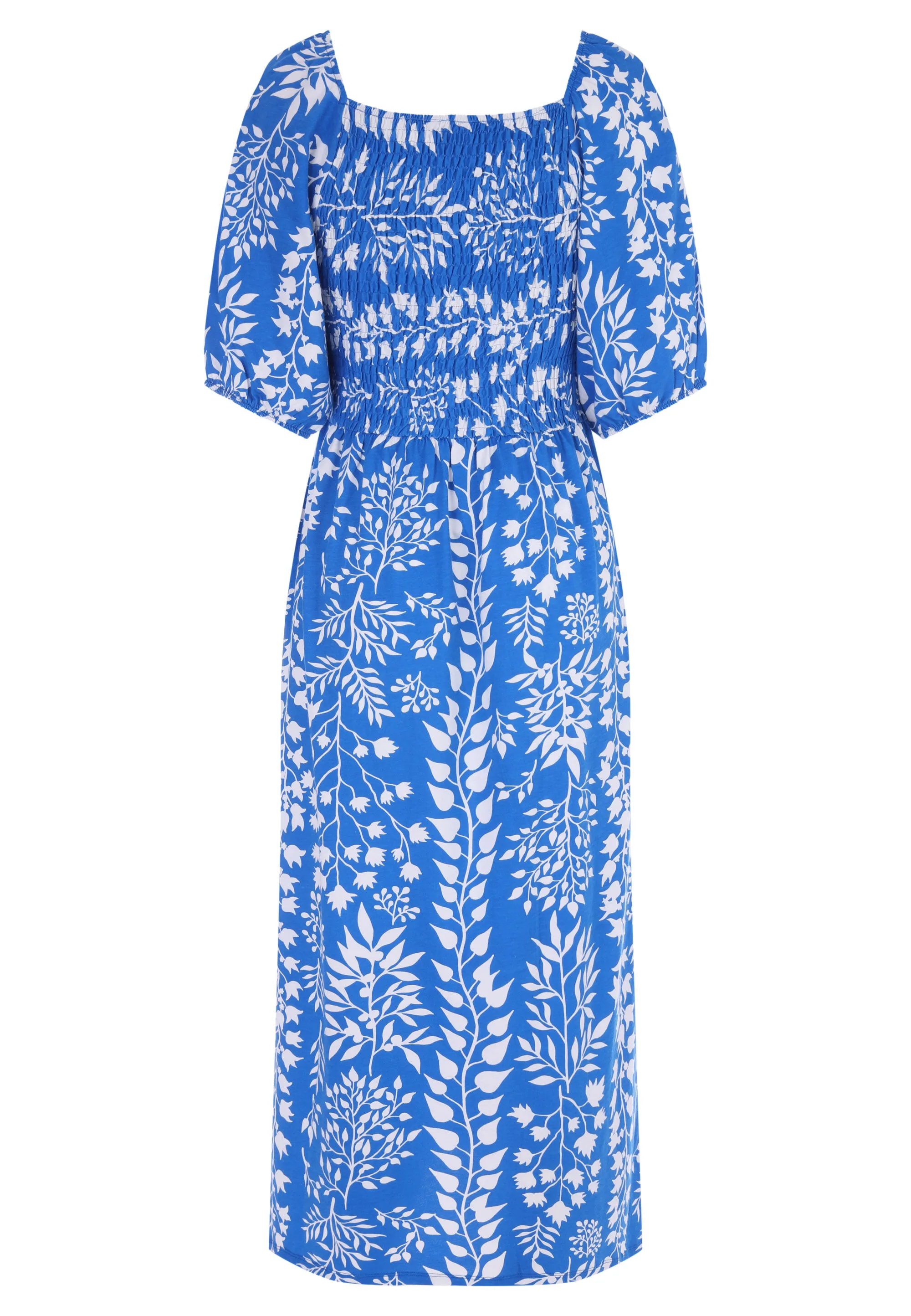 Womens Blue and White Leaf Print Dress