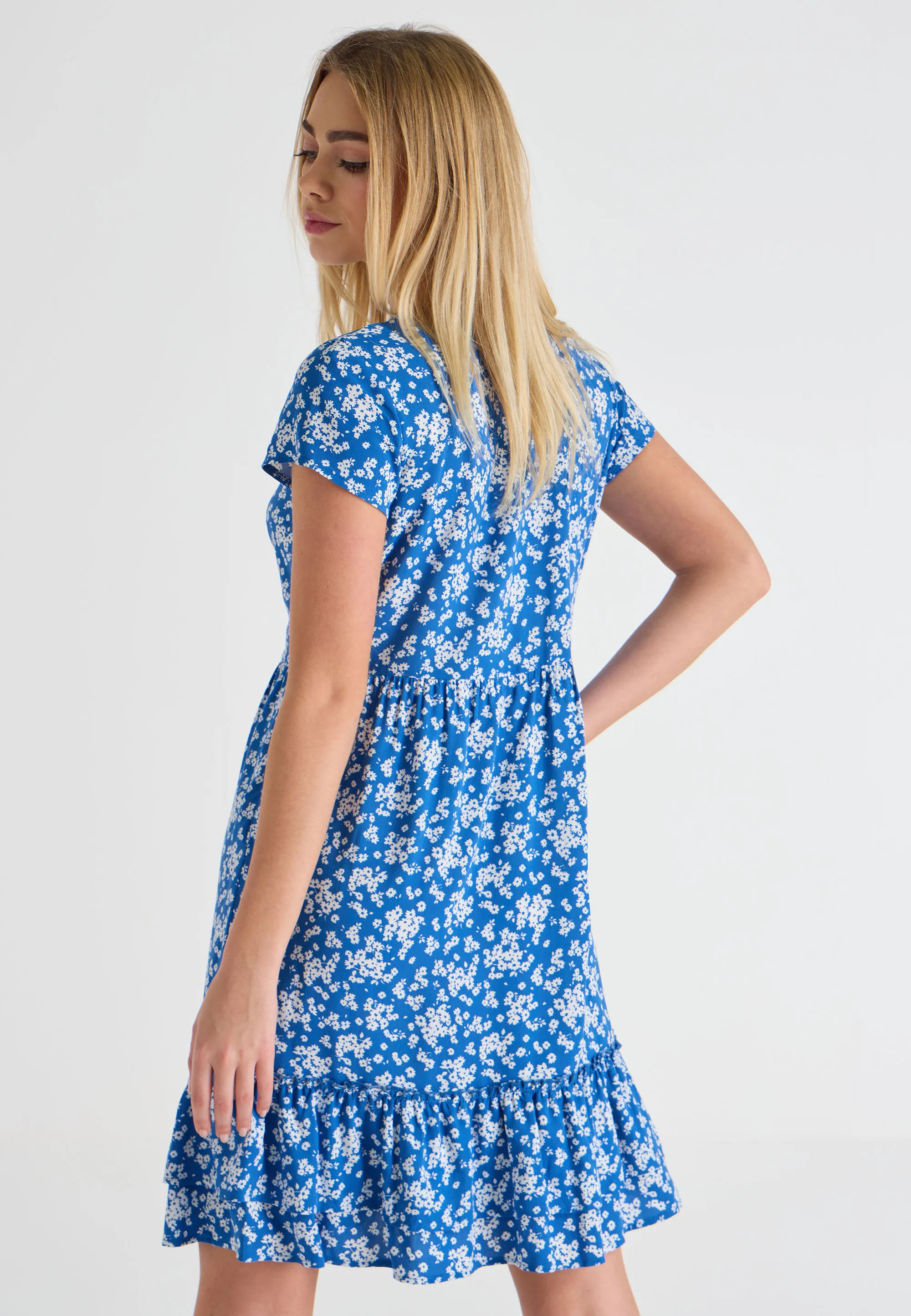 Womens Blue Floral Ruffle Hem Dress