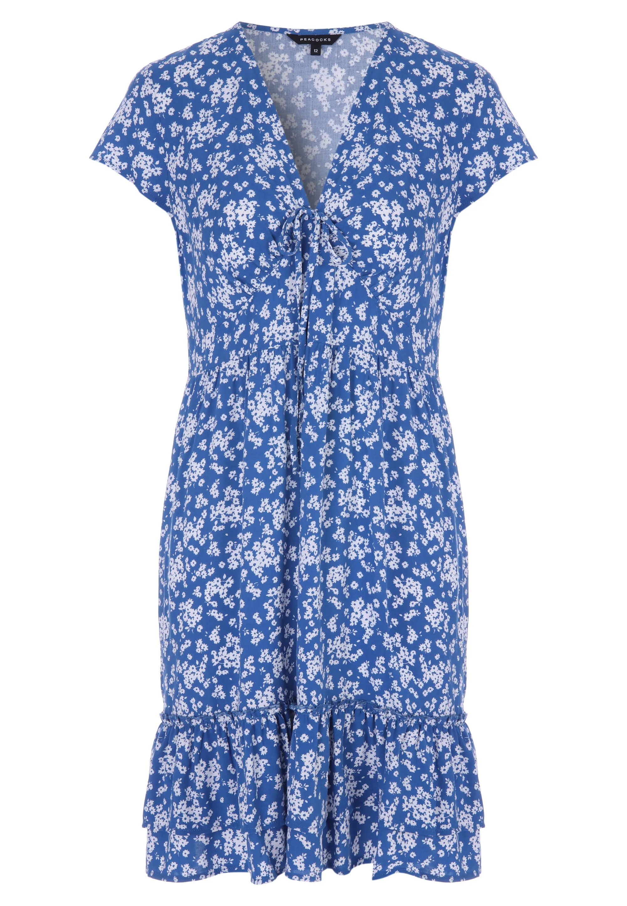 Womens Blue Floral Ruffle Hem Dress