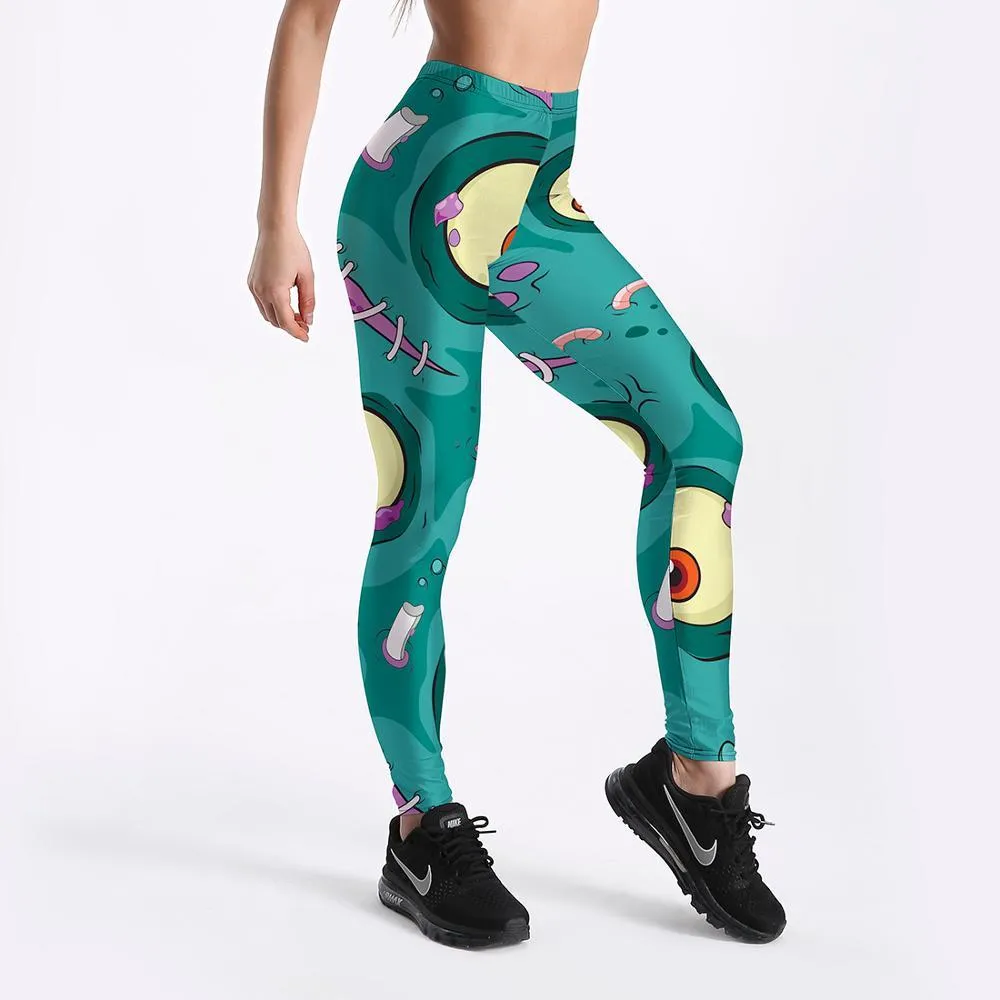 Women's Cyan Printed Comic Monster Games Push Up Leggings for Workout