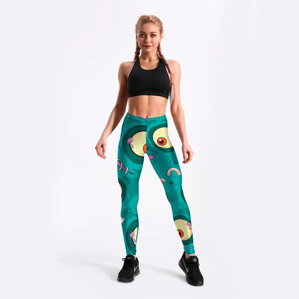 Women's Cyan Printed Comic Monster Games Push Up Leggings for Workout