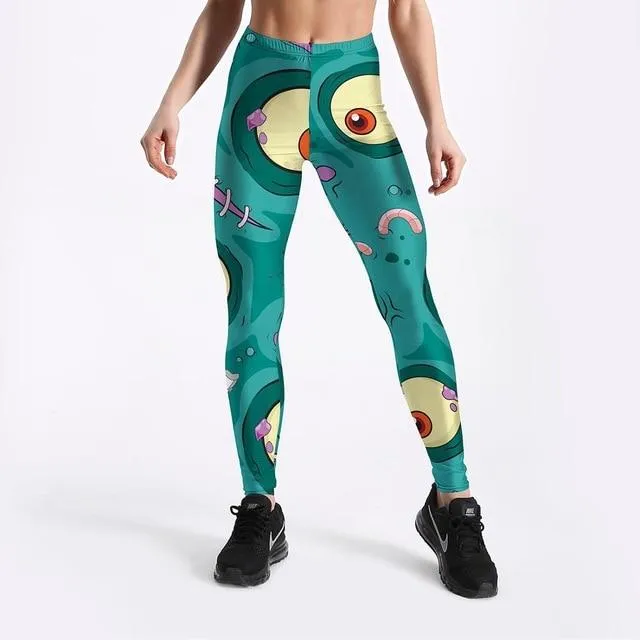 Women's Cyan Printed Comic Monster Games Push Up Leggings for Workout