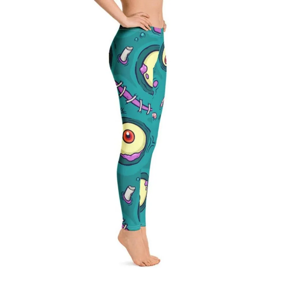 Women's Cyan Printed Comic Monster Games Push Up Leggings for Workout