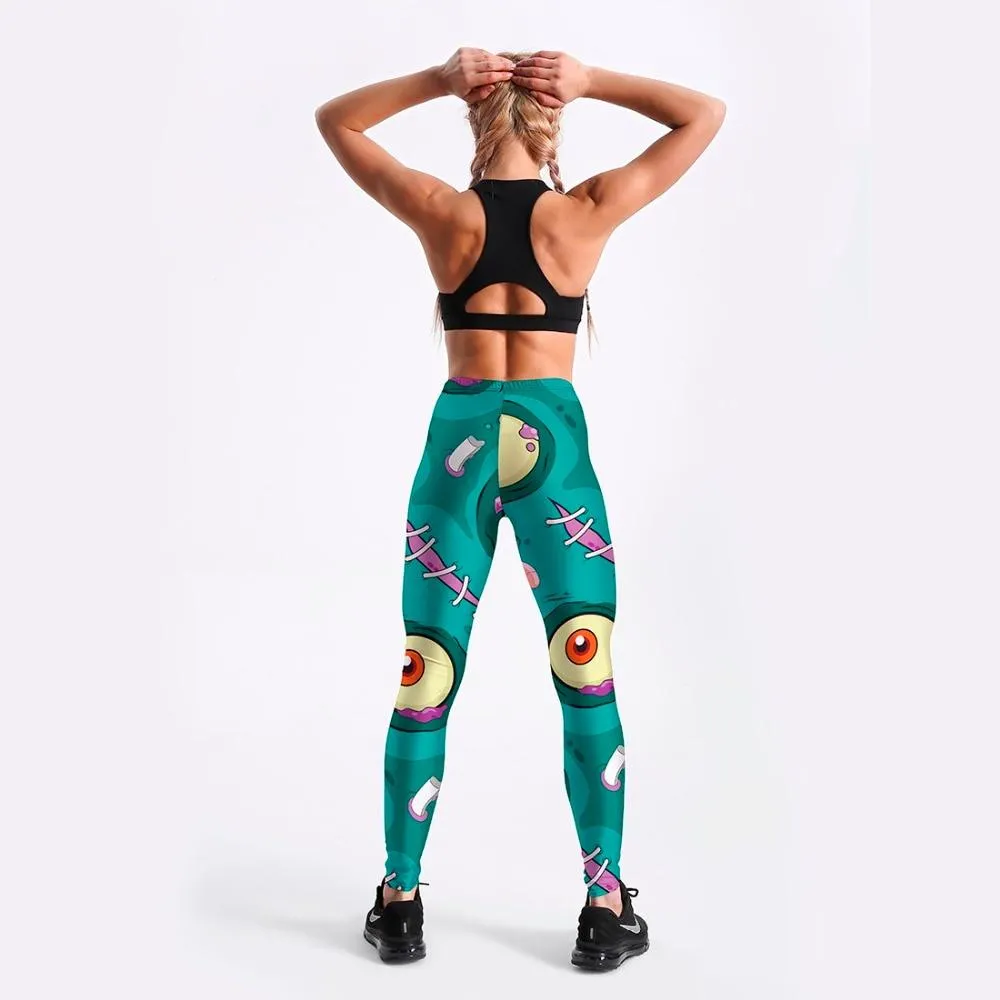 Women's Cyan Printed Comic Monster Games Push Up Leggings for Workout