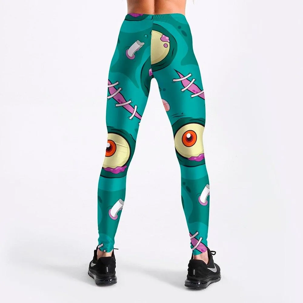 Women's Cyan Printed Comic Monster Games Push Up Leggings for Workout