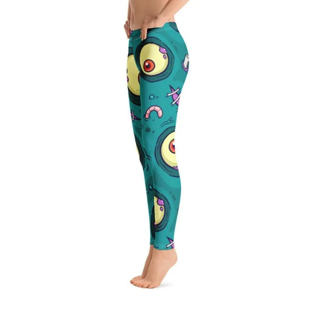 Women's Cyan Printed Comic Monster Games Push Up Leggings for Workout