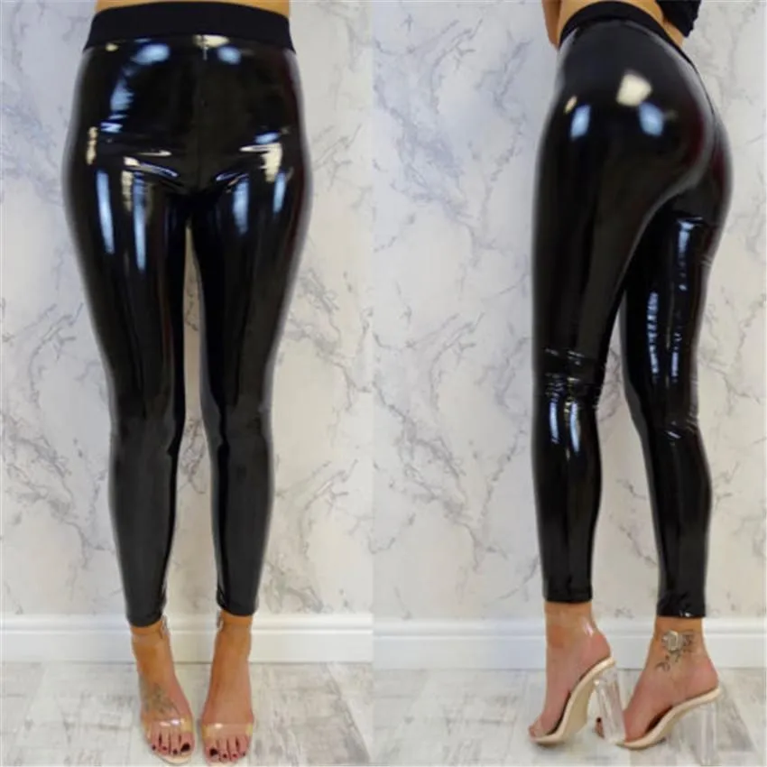 Women's Synthetic Leather Slim High Waist Skinny Leggings with Wet Look